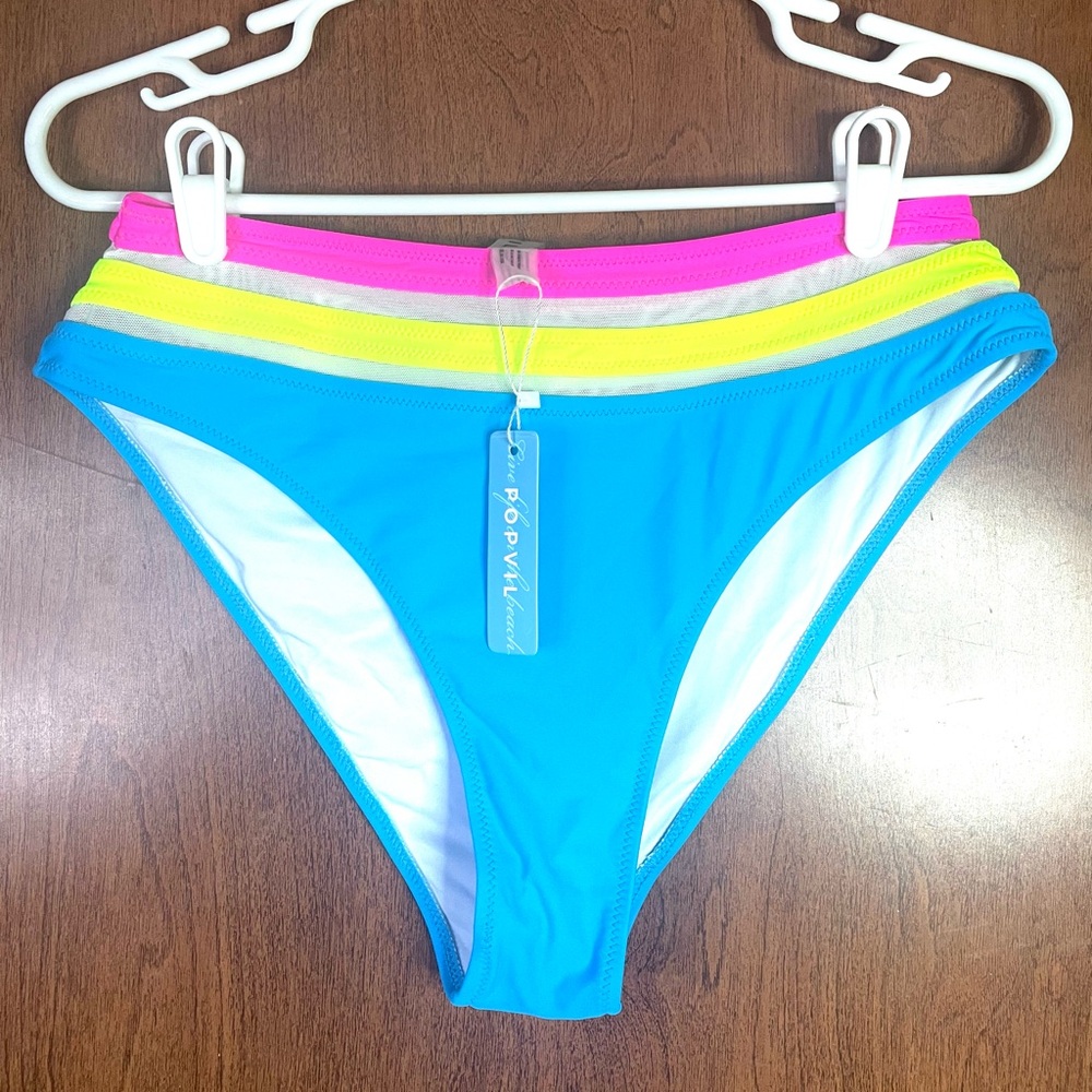 POPVIL Bikini Bottom High Leg & Waist  Sz Med Neon Turquoise Pink Yellow NEW NWT